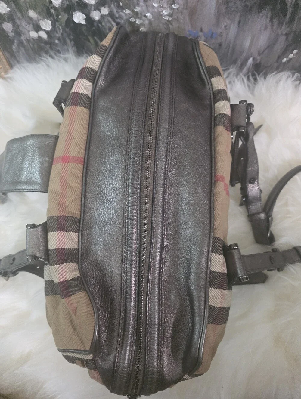 Burberry Tan Check Canvas Duffel Bag with Dark Brown Leather Trim